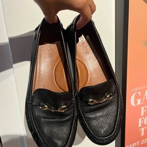 Coach Black Leather Flats with Gold Accent